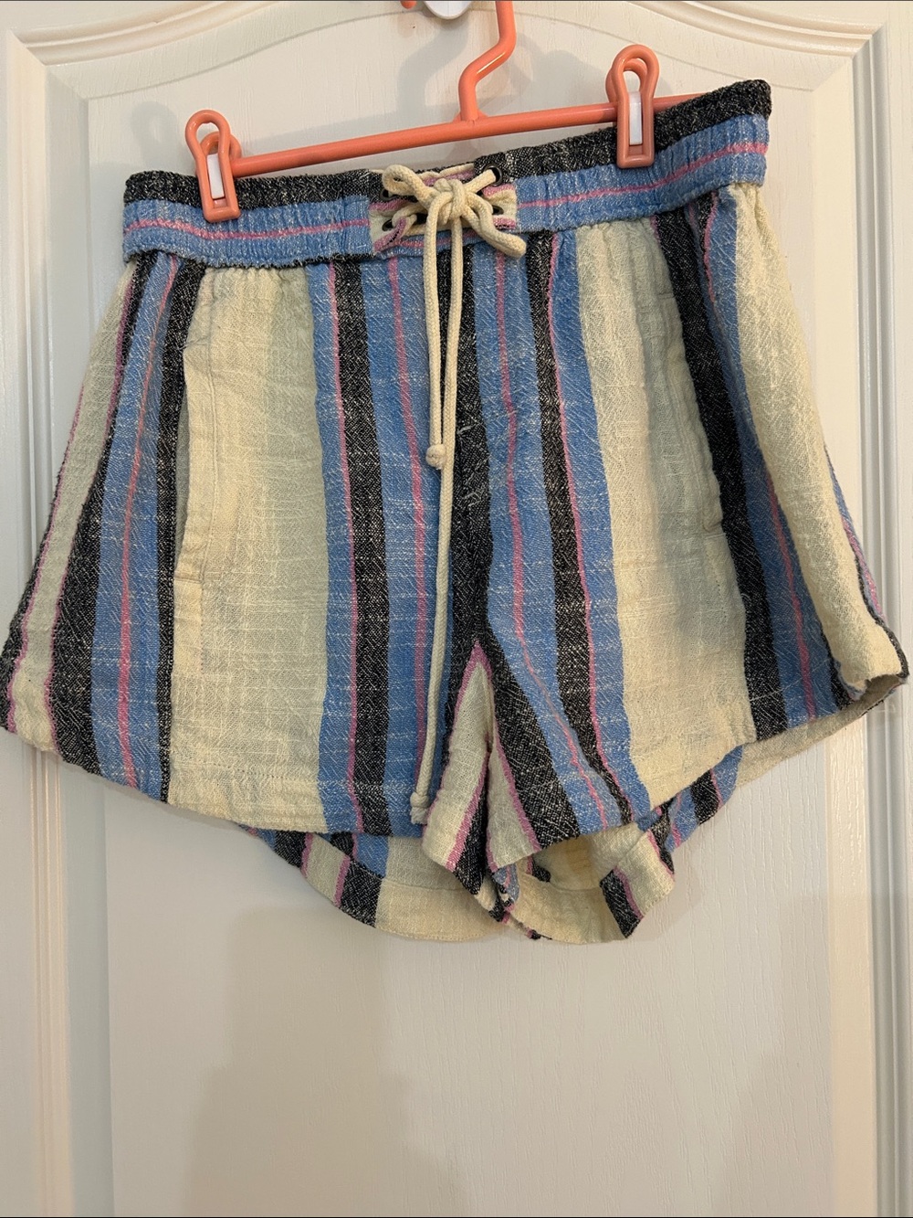 Free People Blue, Cream & Black Striped Drawstring Shorts
